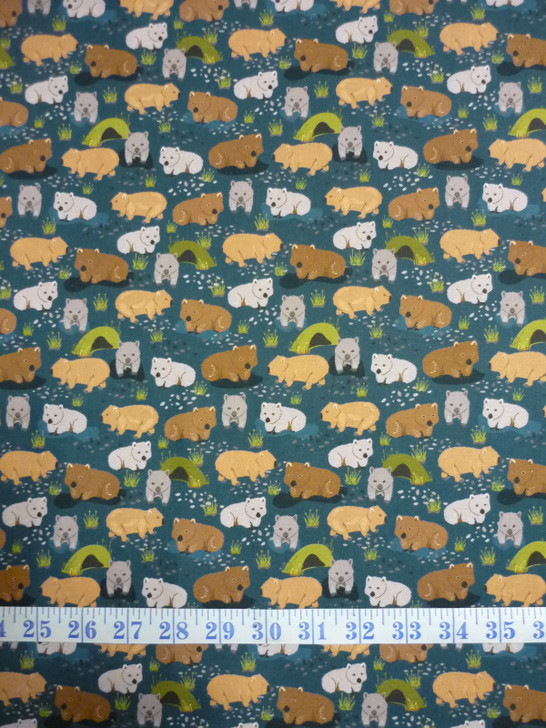 Roaming the Mallee Aussie Animals Wombats Navy Cotton Quilting Fabric