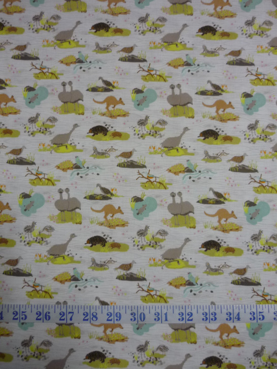 Roaming the Mallee Aussie Animals Kangaroo Emu Echidna Platypus White Cotton Quilting Fabric