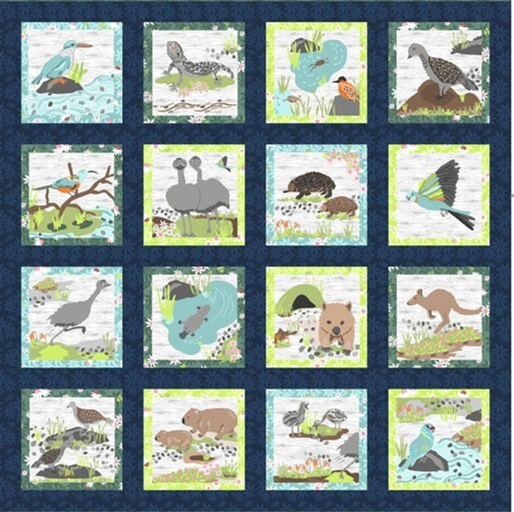 Roaming the Mallee Aussie Animals Dark Green Cotton Quilting Fabric Panel