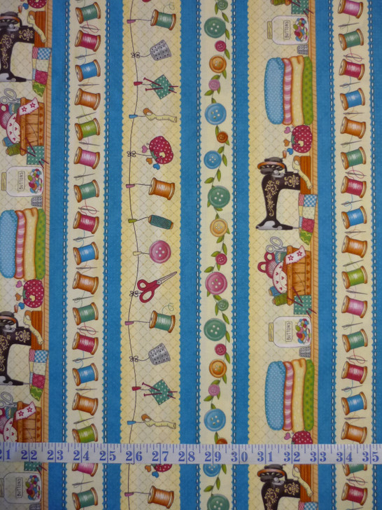 Sew Lets Stitch Border Stripe Blue Cotton Quilting Fabric