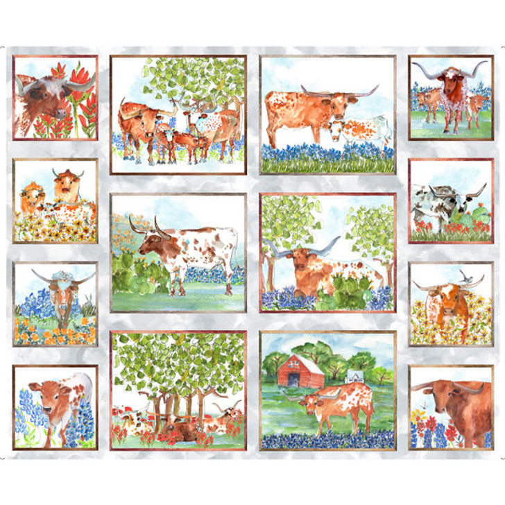 Texas Longhorn Cows Patch Grey Cotton Quilting Fabric Panel