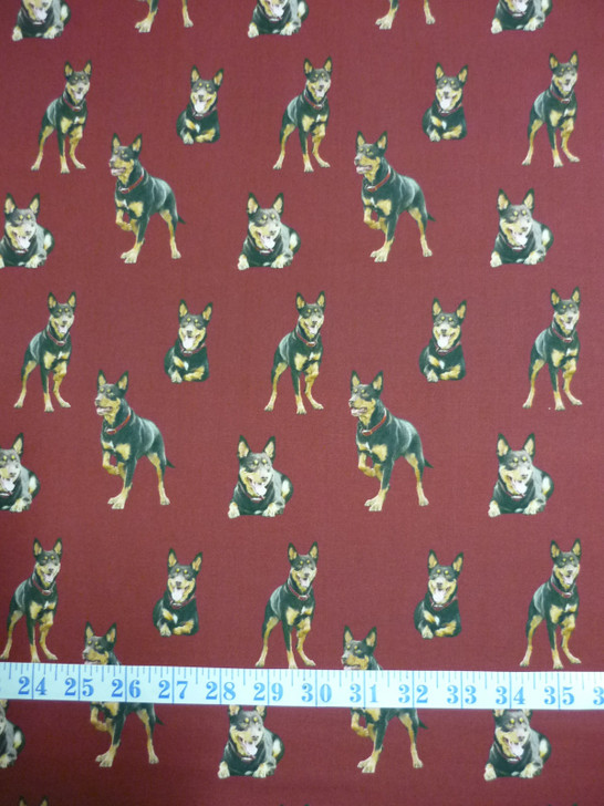 Merino Muster Sheep Dog Kelpie Red Background Cotton Quilting Fabric