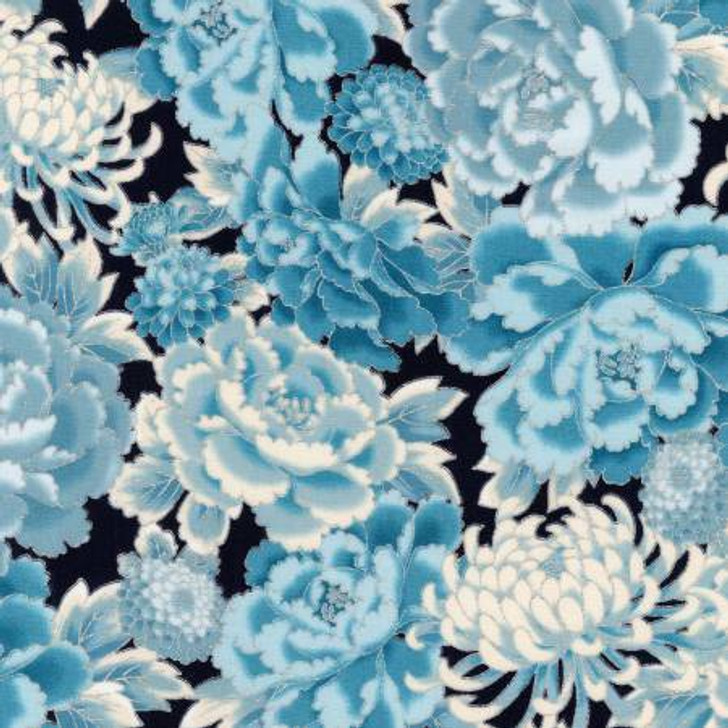 Japanese Garden Floral Indigo Silver Metallic Highlights Cotton Quilting Fabric 55cms