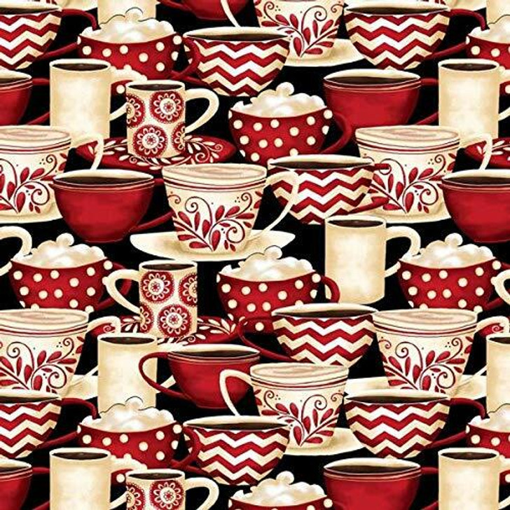 Morning Coffee Cappuccino Latte Packed Cups Black Cotton Quilting Fabric 80cms