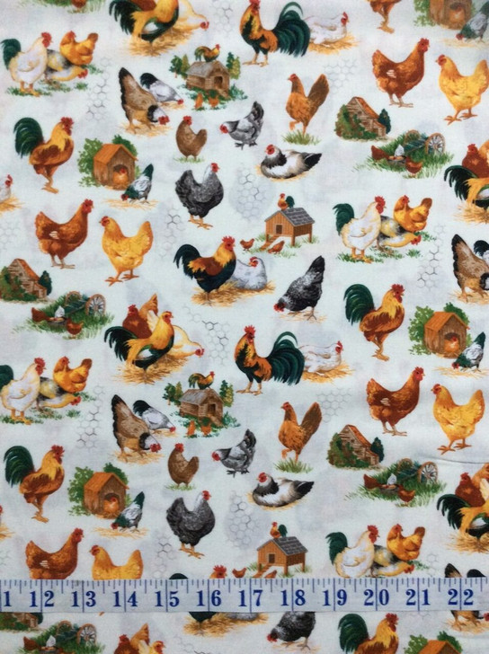 Chickens Roosters Talk Scenic Cotton Quilting Fabric 75cms