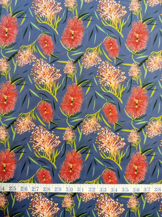 Australian Grevillea and Bottle Brush Blue Background Robyn Hammond Cotton Quilting Fabric