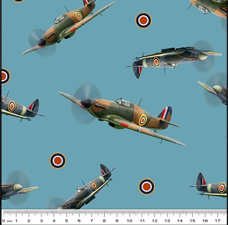 Air Force Centenary Hurricane Spitfires Aircraft Blue Cotton Quilting Fabric