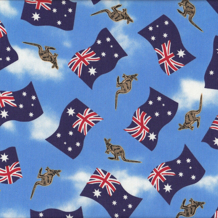 Australian Flags and Kangaroos Tossed Blue Cotton Quilting Fabric