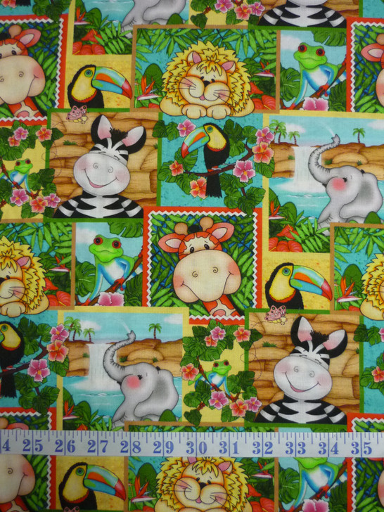 Bazoople Waterfall Patch Lion Elephant Giraffe Zebra Cotton Quilting Fabric