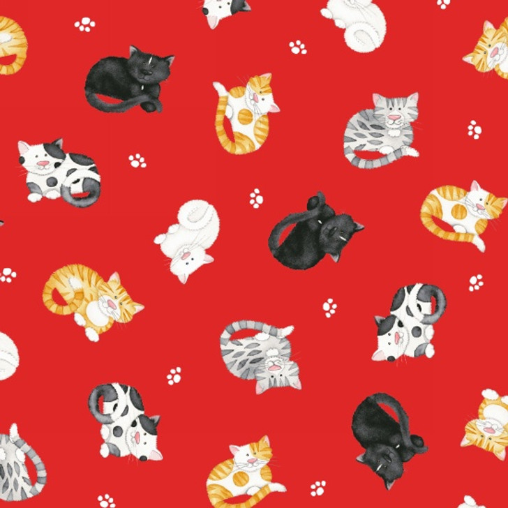 Cats Meow Cats Tossed Mini Red Henry Glass Cotton Quilting Fabric 1/2 YARD