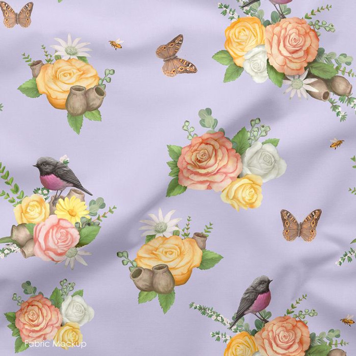 Roses Birds Butterflies Purple Native Nursery Allover Cotton Quilting Fabric 1/2 YARD