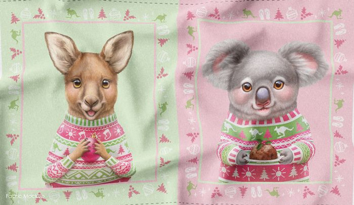 Aussie Friends Festive Fun Christmas Koala Kangaroo Cotton Quilting Fabric Panel