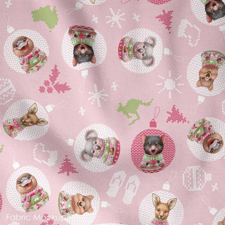 Aussie Friends Festive Fun Christmas Animals in Baubles Pink Cotton Quilting Fabric