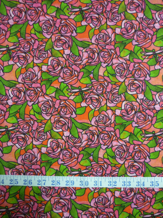 Stained Glass Roses Pink Cotton Quilting Fabric