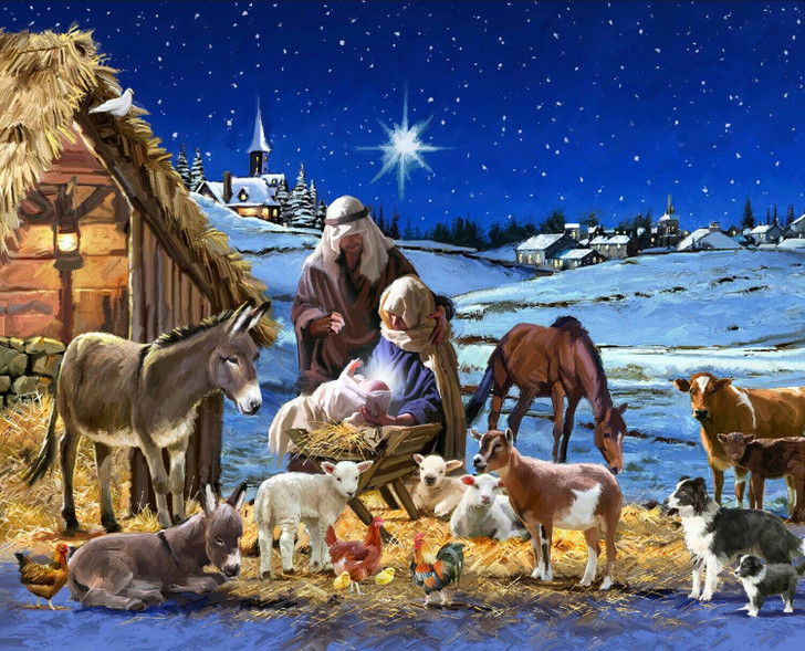 Christmas Winter Nativity Scene Religious Cotton Quilting Fabric Panel