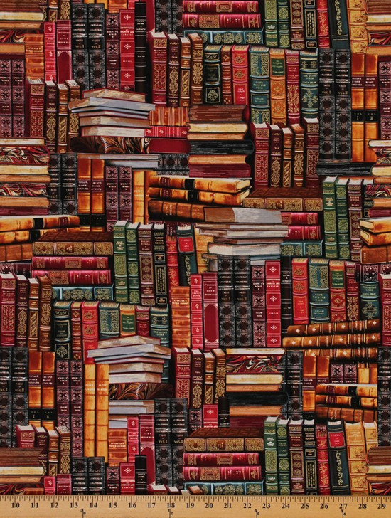 Library Books Packed Books Multi Gold Metallic Hilights Cotton Quilting Fabric