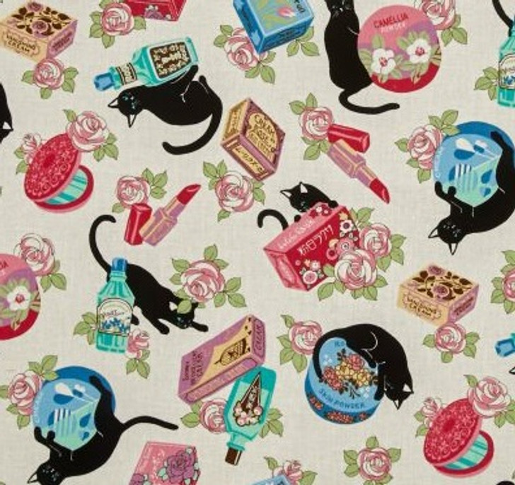 Cats Cosmo Black Cats and Makeup White Background Cotton Quilting Fabric 1/2 YARD