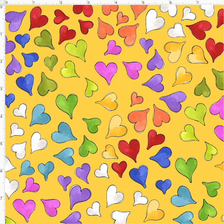 Loralie Cat Happy Cats Hearts Yellow Cotton Quilting Fabric