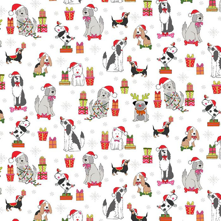 Yappy Christmas Dogs Presents White Cotton Quilting Fabric