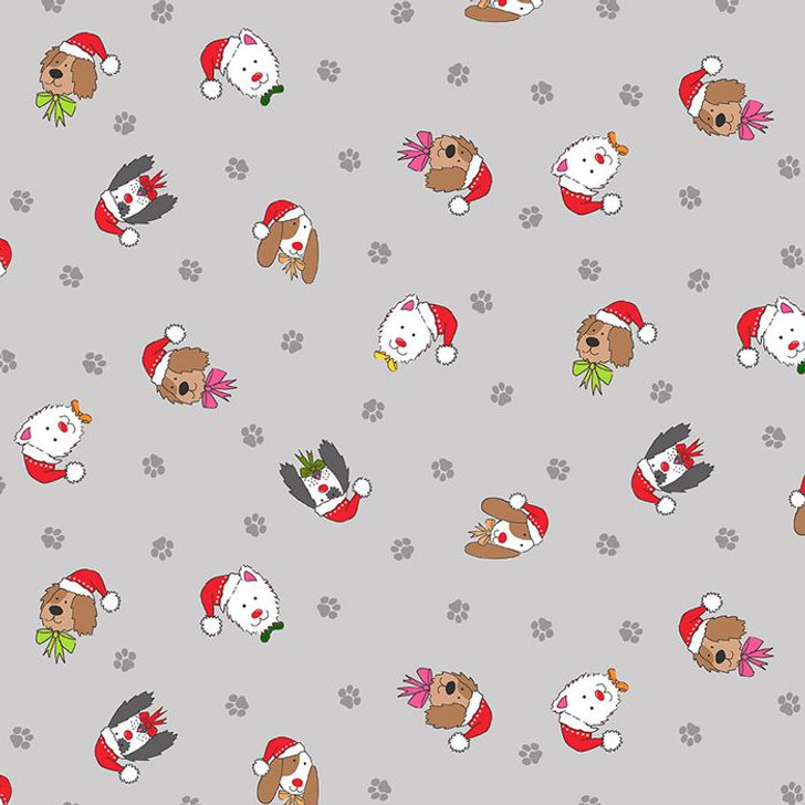 Yappy Christmas Dog Faces Paw Prints Grey Cotton Quilting Fabric