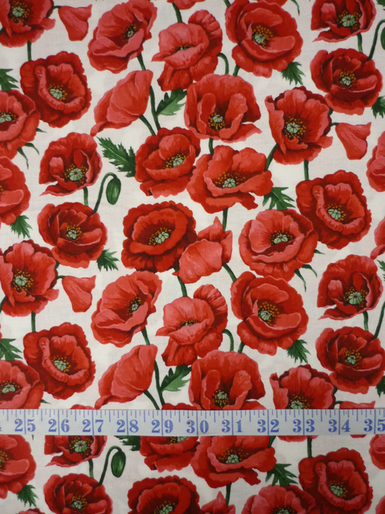 Red Poppies Large Field ANZAC White Background Cotton Quilting Fabric