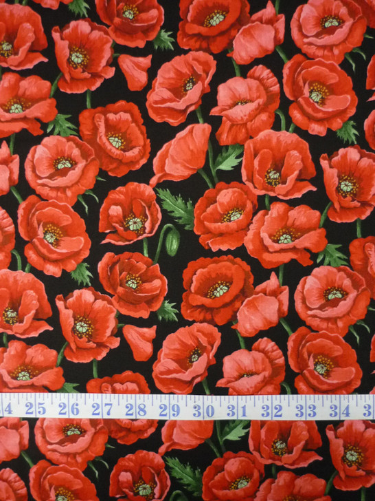 Red Poppies Large Field ANZAC Black Background Cotton Quilting Fabric