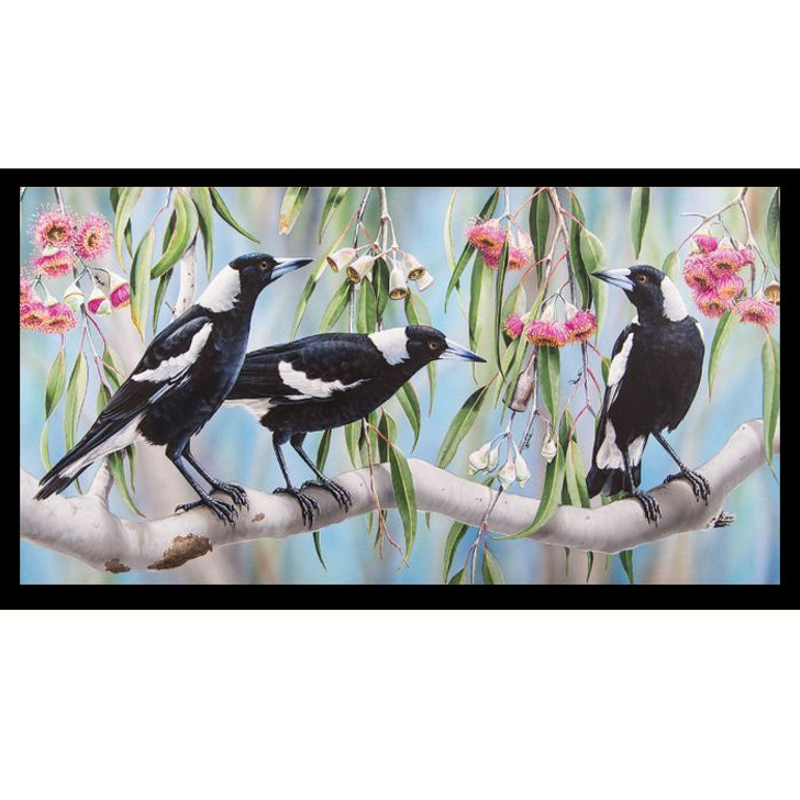 Australian Wildlife Art 3 Magpies Cotton Quilting Fabric Panel