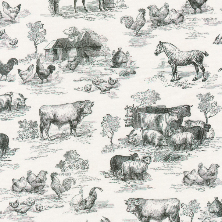 Down on the Farm Toile Black Cows Horses Pigs Cotton Quilting Fabric