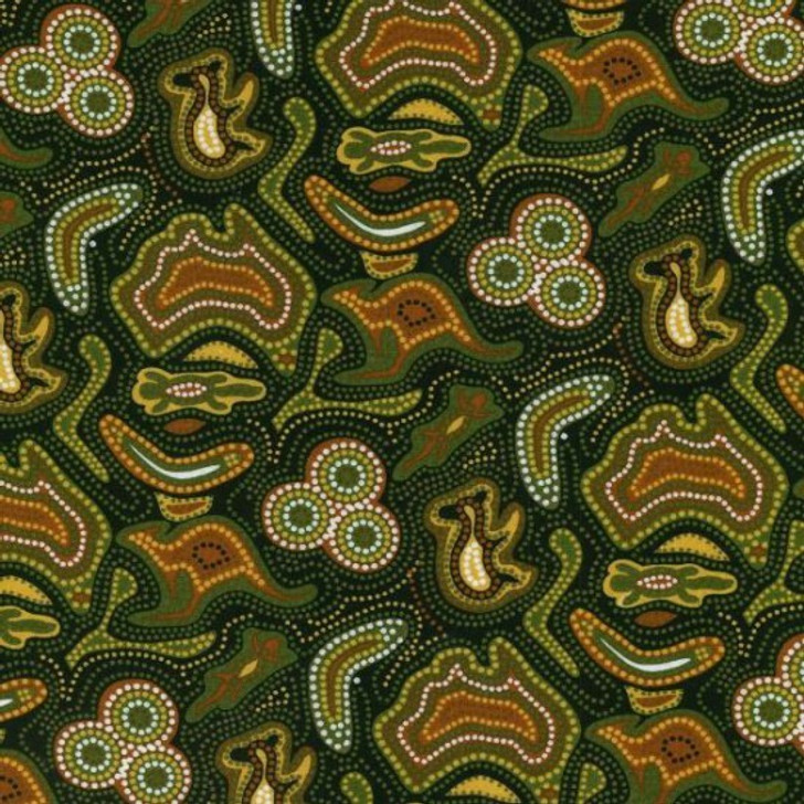 Aboriginal Australian Art Inspired Dederang Black Cotton Quilting Fabric