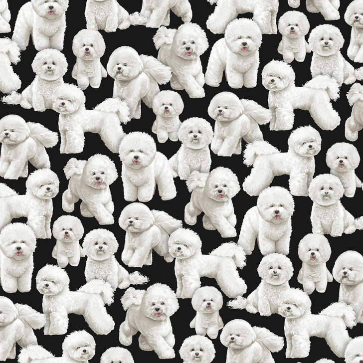 Bichon Frise Dogs Black Background Cotton Quilting Fabric