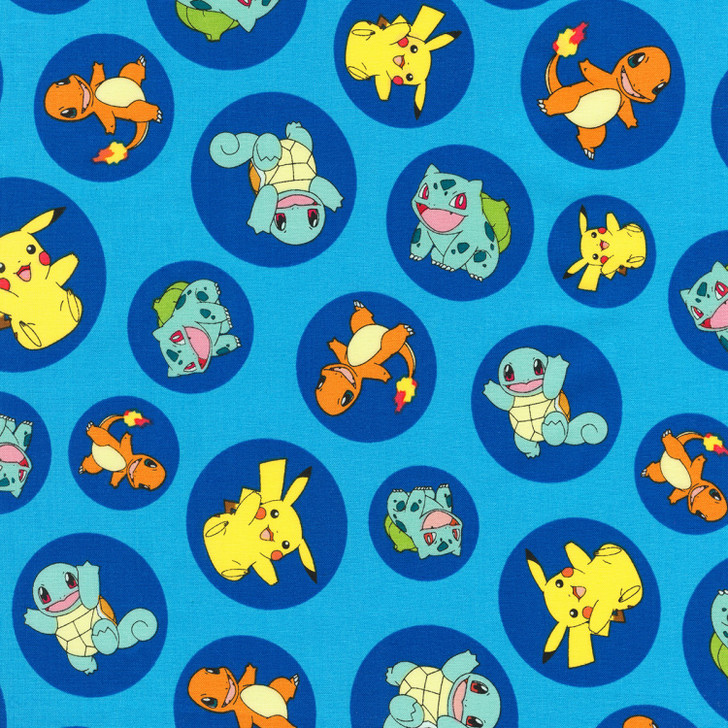 Pokemon in Circles Blue Background Cotton Quilting Fabric