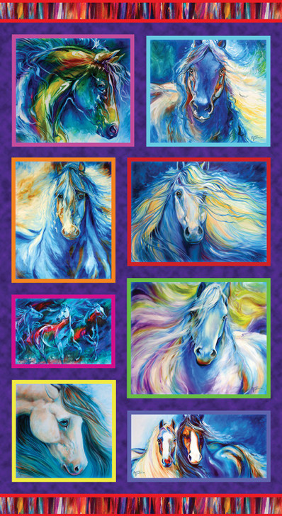 Painted Horses Multi Cotton Quilting Fabric Block Panel