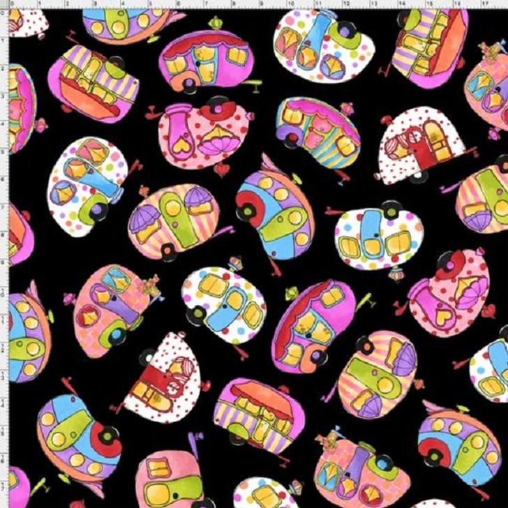 Happy Campers Caravans Tipsy Trailer Black by Loralie Cotton Quilting Fabric