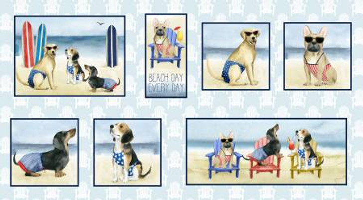 Hot Dog Multi at the Beach Cotton Quilting Fabric Panel