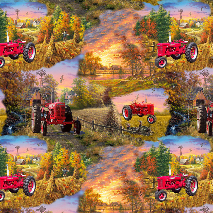 Country Living Farmall Tractor Scenic Allover Cotton Quilting Fabric