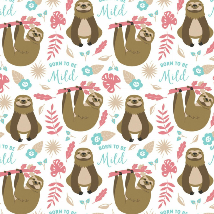 Sloths Born To Be Mild White Cotton Quilting Fabric