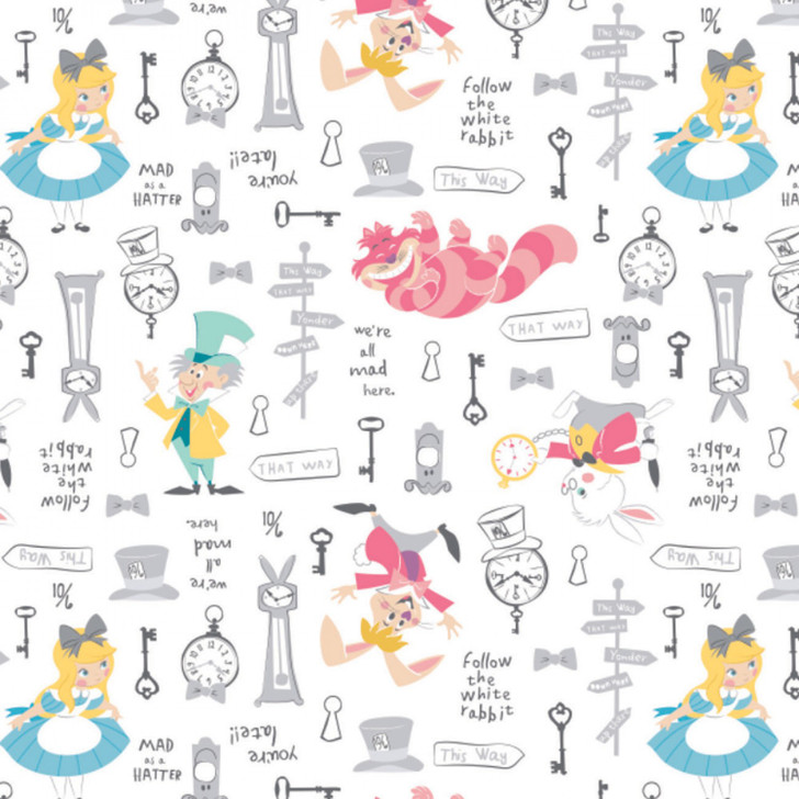 Disney Alice in Wonderland Read the Directions White Cotton Quilting Fabric