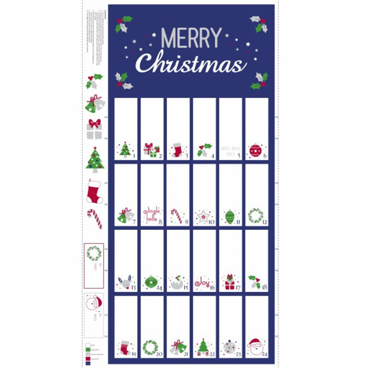 Merry Christmas Navy and Silver Advent Calendar Cotton Quilting Fabric Panel