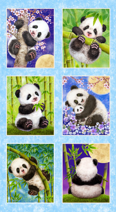 Panda Sanctuary Panda Blue Cotton Quilting Fabric Block Panel