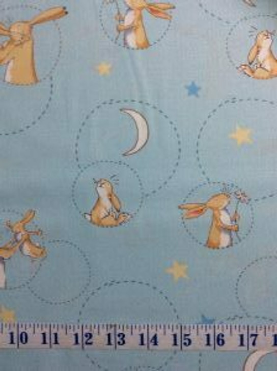 Guess How Much I Love You Bunny in Circles Aqua Cotton Quilting Fabric 70cms