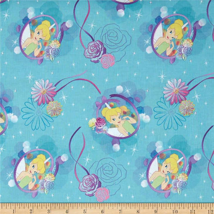 Disney Tinkerbell Petal Perfect Cameo Blue Background Cotton Quilting Fabric 75cms