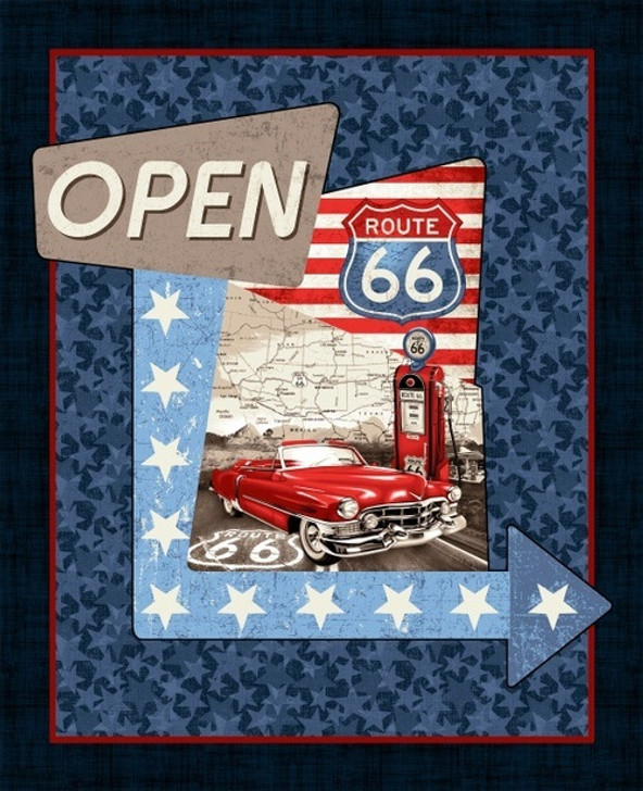 All American Road Trip Route 66 Navy Cotton Quilting Fabric Panel