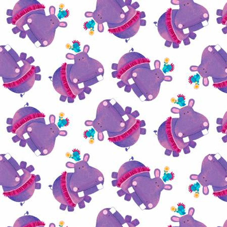 Numbers in the Jungle Hippos White Cotton Quilting Fabric