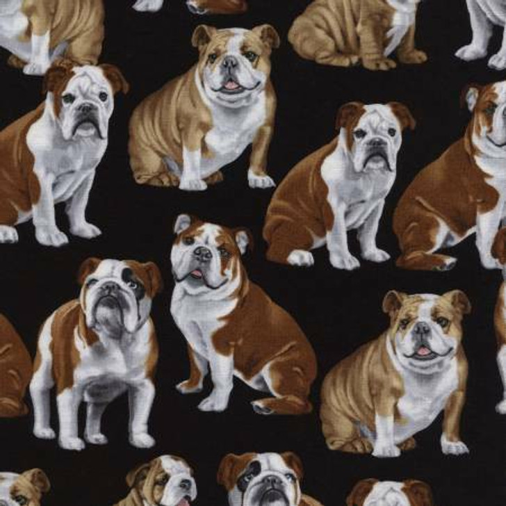 Bulldogs Dogs Black Background Cotton Quilting Fabric 1/2 YARD