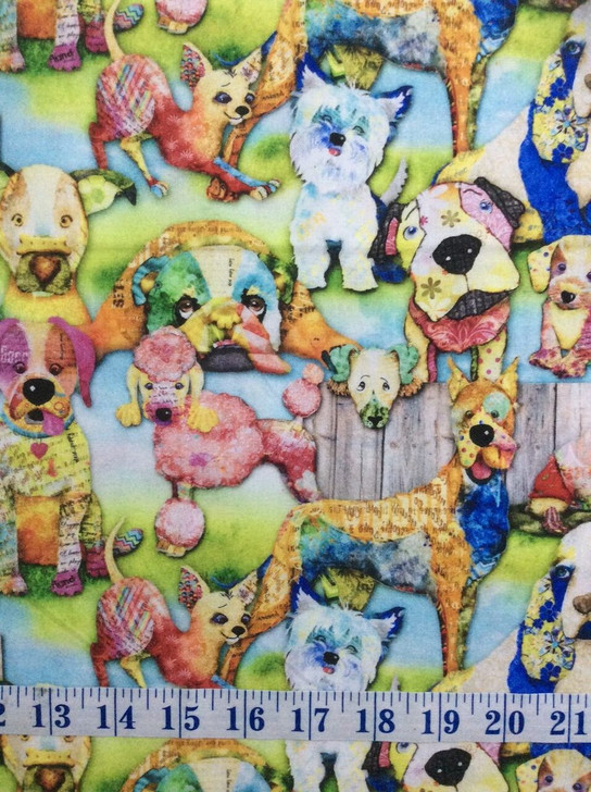 3 Wishes Good Dog Multi Scenic Cotton Quilting Fabric 50cms