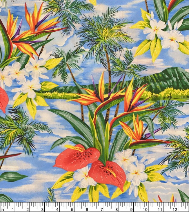 Tropicals and Conversationals Bird of Paradise Blue Cotton Quilting Fabric