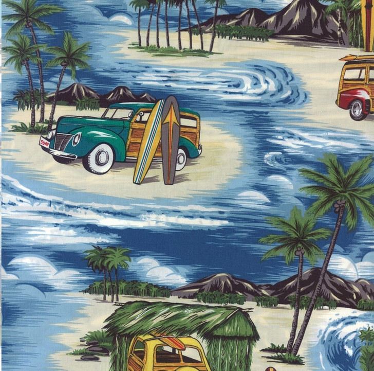 Tropicals and Conversationals Surf Hut Woodies Cotton Quilting Fabric
