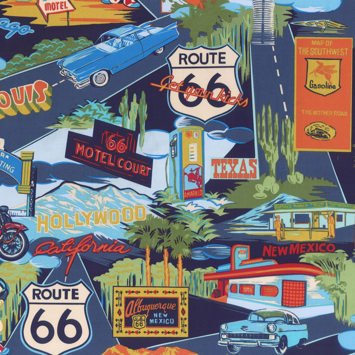 Tropical and Conversationals Route 66 Navy  Cotton Quilting Fabric