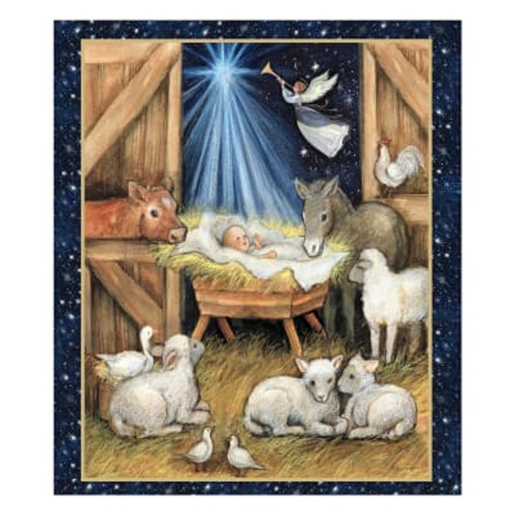 Christmas Nativity Barn Cotton Quilting Fabric Panel