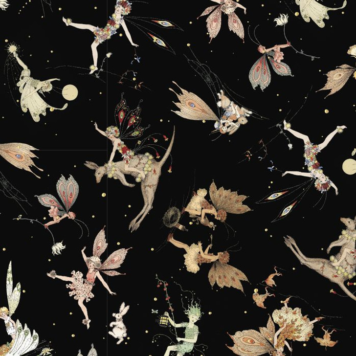 Federation Fairies and Animals Allover Black Metallic Highlights Cotton Quilting Fabric